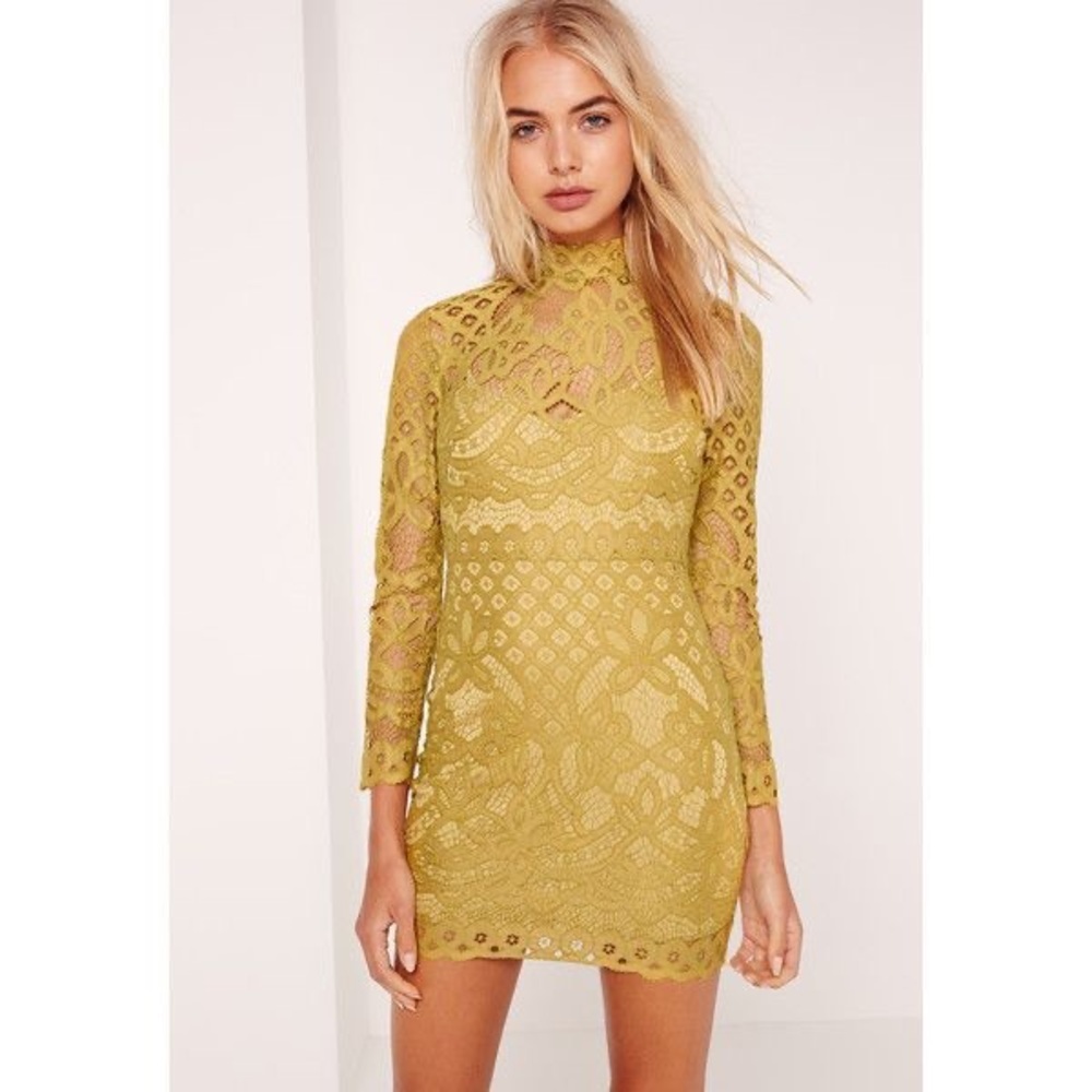 𝅺Missguided Mock Neck Lace Chartreuse Mini Bodycon Dress